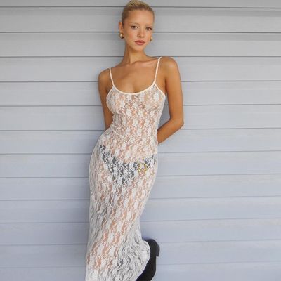 Perspectief Mesh Halter Kleding Kleine pruimenbloem Achtersteel Lang Doorzien Rok
