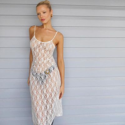 Perspectief Mesh Halter Kleding Kleine pruimenbloem Achtersteel Lang Doorzien Rok