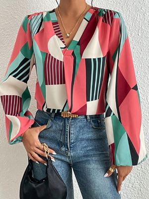 Geometrische afdruk Decal T-shirt Dacron lange mouw top voor dames