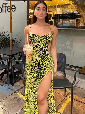 Sexy rugloze heupsplit jurk mode sexy luipaard halter jurk