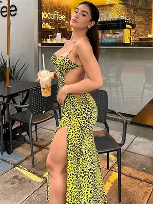 Sexy rugloze heupsplit jurk mode sexy luipaard halter jurk