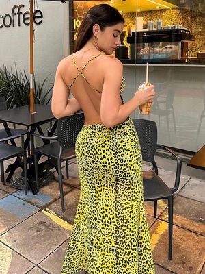 Sexy rugloze heupsplit jurk mode sexy luipaard halter jurk