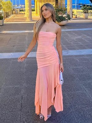 Solid Color Wrap Chest Dress Gelaagd Sexy Pleated Dress Onregelmatig Dubbellaag Dress