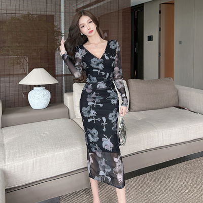 Mesh print sexy heup jurk lange mouw lage rug wrap heup jurk