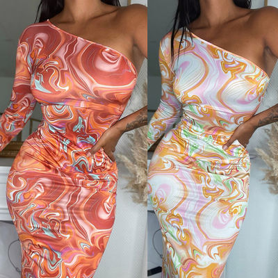 Fashion Print Hip Package jurk diagonale schouder lange mouw slanke fit jurk heup wrap