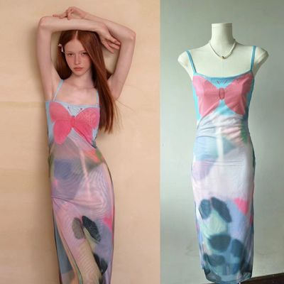 Roze blauwe vlinder halter jurk Franse Slit Slim Sexy jurk Waist slimming