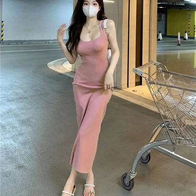 Stijlvolle sexy slip jurk zoet pittig slanke fit roze tank top jurk mouwloos