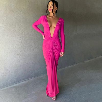 Roze Rood Stijlvolle Damesjurk Slim Sexy Big V Neckjurk Backless Pleats Solid Color