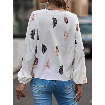 Vrouwen V-Neck Feather Print T-Shirt Casual Loose Fit Long Sleeve Top