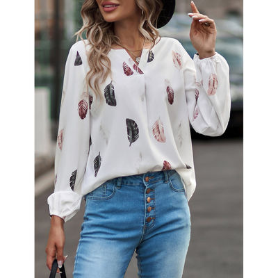 Vrouwen V-Neck Feather Print T-Shirt Casual Loose Fit Long Sleeve Top