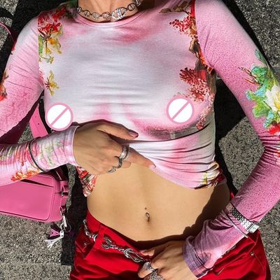 Casual vrouwen lange mouwen T-shirts Spice Print Slim Fit Crew Neck Long Sleeve Top