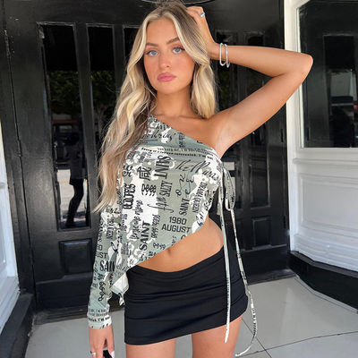 Vrouwen Decal T-Shirt Mode Sexy Diagonale Kraag Eén Schouder Crop Tops Side Lacing Sexy Crop Print Top