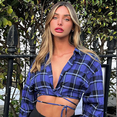 Stijlvolle Plaid Sexy Vrouwen Knop Up T-Shirt V Neck Long Sleeve T-Shirt Met lage taille