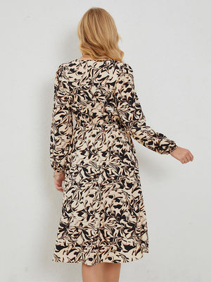 Fitted Flower Print Frock V-Neck Vrouwen Flower Dress Lantern Sleeve A Line Roek
