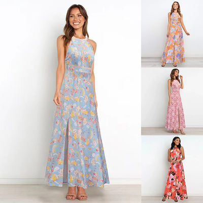 Volwassenen Geprinte mouwloze jurk Stijlvolle bloemen Halter Maxi jurk