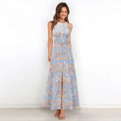 Volwassenen Geprinte mouwloze jurk Stijlvolle bloemen Halter Maxi jurk