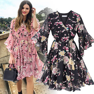 Korte mouw Knie lengte bloemige jurk V hals Flared mouw Ruffled Chiffon jurk