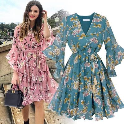 Korte mouw Knie lengte bloemige jurk V hals Flared mouw Ruffled Chiffon jurk