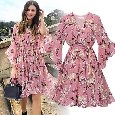 Korte mouw Knie lengte bloemige jurk V hals Flared mouw Ruffled Chiffon jurk
