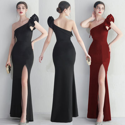 Single Shoulder Slim Fit Formele jurk Ruffled Edge Cover Hip Fashion Sexy Slit jurk