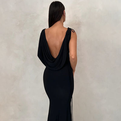 V nek slanke avondjurk solide kleur stropdas ene schouder holle zwarte sexy avondjurk