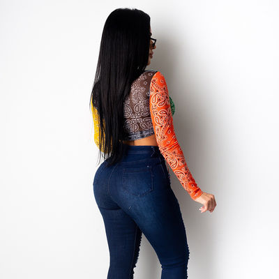 Crew Neck Long Sleeve T-Shirt Print Midriff Slim Fit Pullover T-Shirt
