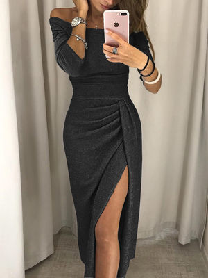 Glitter Vrouwen Slim avondjurk Tas Hip jurk Slit Neckline jurk Diner jurk