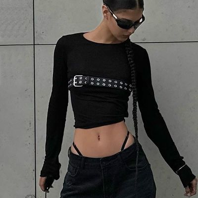 Fashion Spice Sexy Strakke T-shirts Ronde nek Slim lange mouw T-shirt Solid Patroon