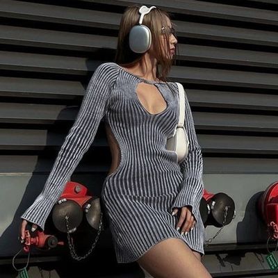Mode Slim gebreide jurk sexy rugloze wol lange mouwen heup wrap jurk
