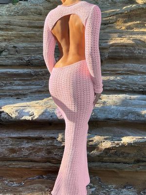 Wol geweven open rug maxi jurk sexy hol net gat lange mouw rugloze jurk