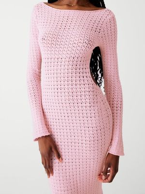 Wol geweven open rug maxi jurk sexy hol net gat lange mouw rugloze jurk