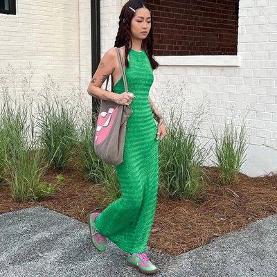Solid kleur Slim gebreide jurk Stijlvol Slim Sexy ademend Backless Lace Up jurk