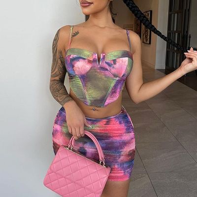 Fashion Crop Top korte rok set Print Halter Slim Fit 2 stuk korte rok set