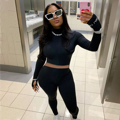 Zipper Two Piece Sport Set High Neck Slit Borduurbrief Sexy Gym Wear