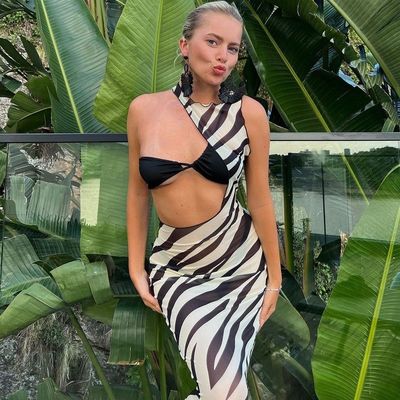 Cool een schouder tube jurk sexy gaas sleeveless slim doorzien jurk