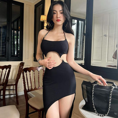 Slit Halter Neck Dress Stijlvol Sexy Backless Uitgesneden Halter Dress Slim