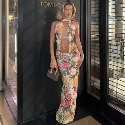 Sexy achterste zonder riemen top slim split rok V nek lange lengte