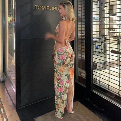 Sexy achterste zonder riemen top slim split rok V nek lange lengte