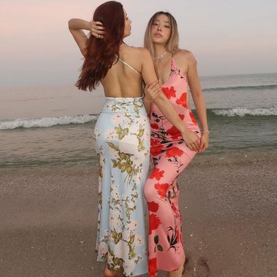 Summer Stylish Dames Dress Print Sexy Backless U Neck Slim Halter Dress