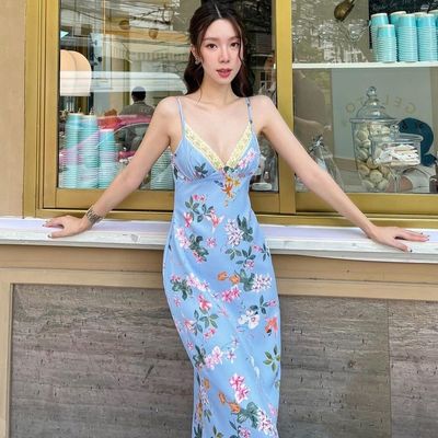 Zomer nieuwe mode print sexy rugloze kant halter jurk