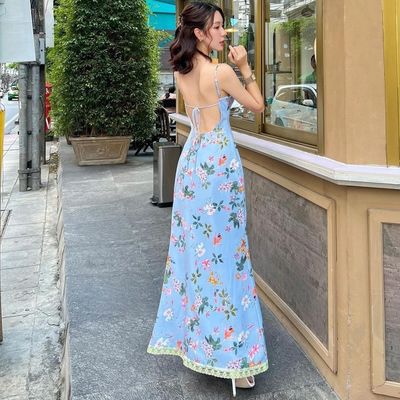 Zomer nieuwe mode print sexy rugloze kant halter jurk