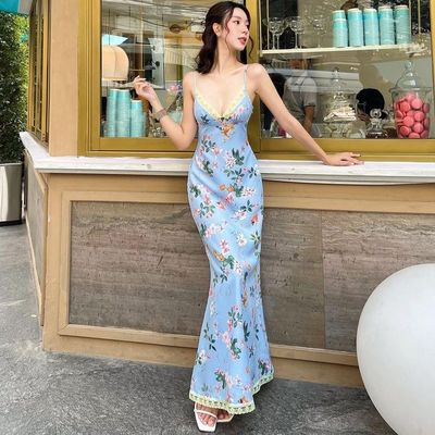 Zomer nieuwe mode print sexy rugloze kant halter jurk