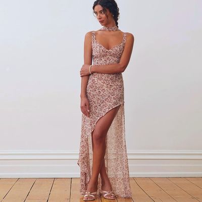 Nieuwe damesband bloemen sexy rugloze gespleten kanten jurk