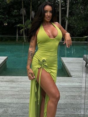 Custom lente en zomer nieuwe mode sexy solide kleur slanke hoge taille V-hals halter jurk vrouw