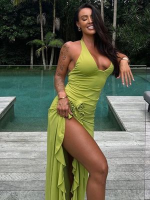 Custom lente en zomer nieuwe mode sexy solide kleur slanke hoge taille V-hals halter jurk vrouw