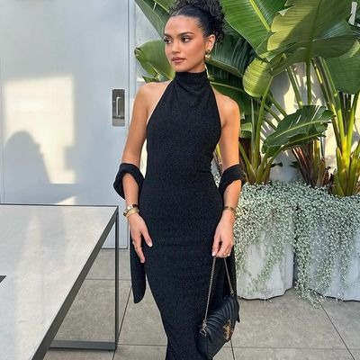 Mode temperament nieuwe sexy blockbuster halter halter slanke splitsing mouw lange heldere zijde jurk