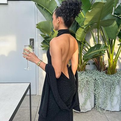 Mode temperament nieuwe sexy blockbuster halter halter slanke splitsing mouw lange heldere zijde jurk