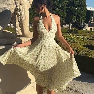 Custom dames zomer sweet wind backless halter mode bloemenpatroon korset rok jurk
