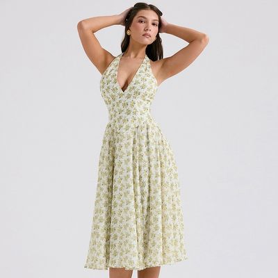 Custom dames zomer sweet wind backless halter mode bloemenpatroon korset rok jurk