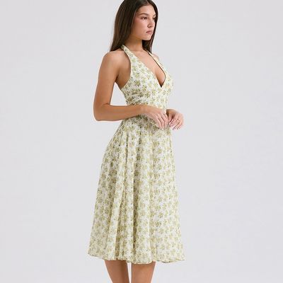 Custom dames zomer sweet wind backless halter mode bloemenpatroon korset rok jurk